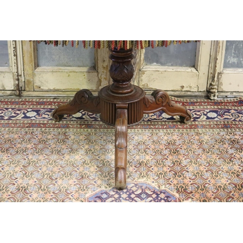 72 - Antique French Louis Philippe tri-leg pedestal table, with a studded needle work upholstery and frin... 