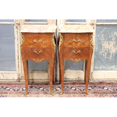 76 - Pair of vintage French Louis XV style marquetry & marble topped nightstands, each approx 77cm H x 33... 