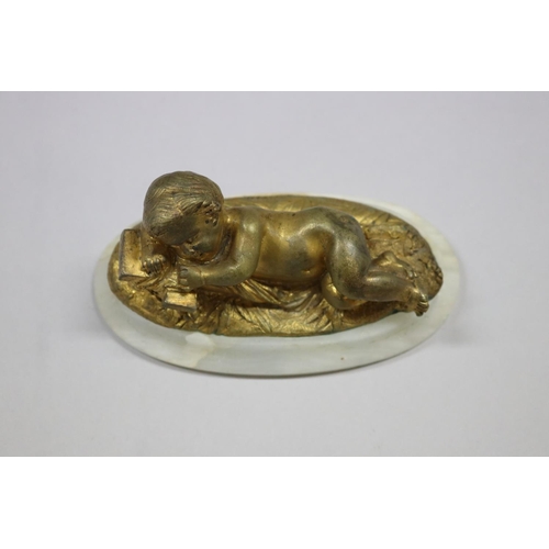 8 - French gilt bronze figure of baby Jesus laying on cross, mounted to alabaster base, unsigned, approx... 