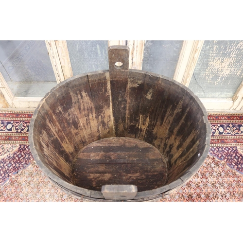 85 - Large antique French twin handled oval grape barrel, approx 68cm H (excluding handles) x 80cm W x 66... 