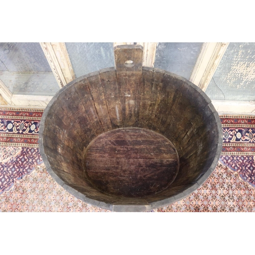 86 - Large antique French twin handled oval grape barrel, approx 68cm H (excluding handles) x 80cm W x 66... 