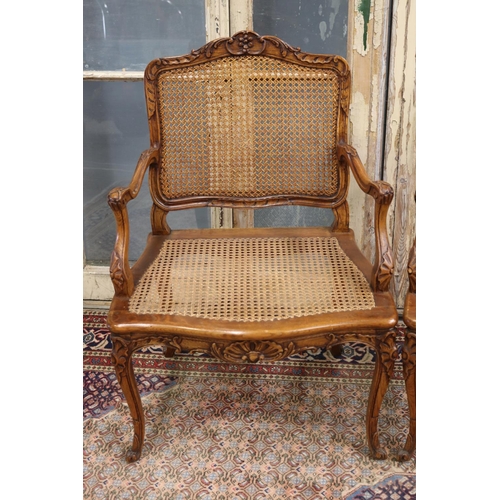 89 - Pair of fine antique French Louis XV style armchairs, cane backs & seats, large wide saddle (2)