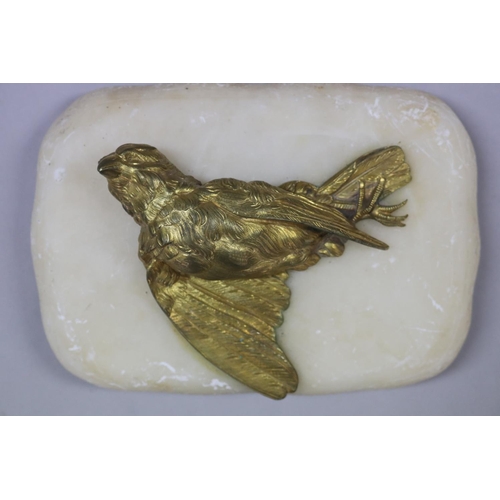 9 - French gilt bronze bird sculpture mounted to alabaster paper weight, approx 5cm H x 16cm W x 11cm D