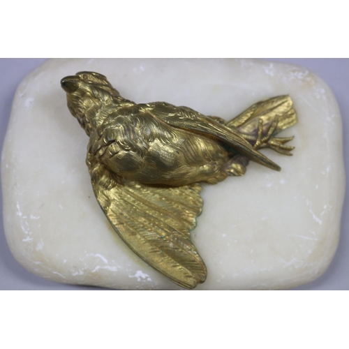 9 - French gilt bronze bird sculpture mounted to alabaster paper weight, approx 5cm H x 16cm W x 11cm D