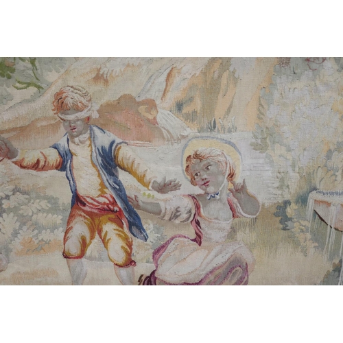 94 - Antique French handwoven pastoral landscape tapestry, children playing blind mans buff, relined, app... 