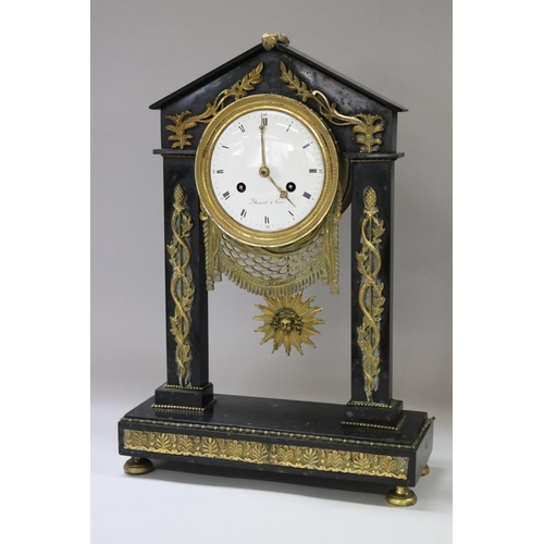 95 - Antique 19th century French Louis XVI Empire style black marble & gilt bronze portico mantle clock, ... 
