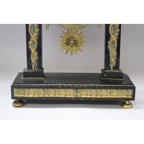 95 - Antique 19th century French Louis XVI Empire style black marble & gilt bronze portico mantle clock, ... 