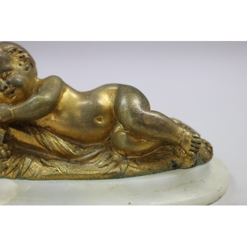 8 - French gilt bronze figure of baby Jesus laying on cross, mounted to alabaster base, unsigned, approx... 