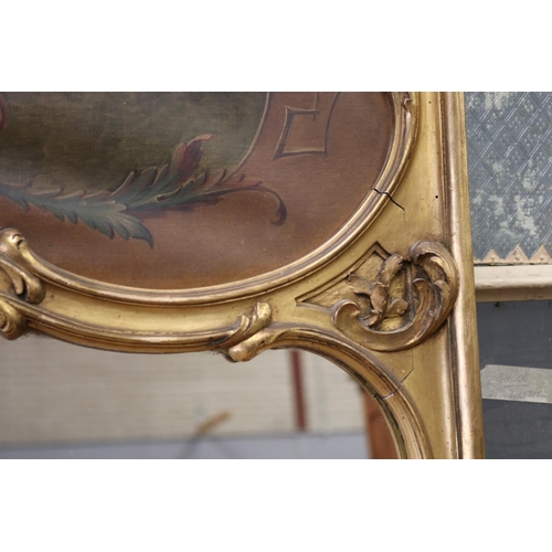 84 - Antique French gilt pier mirror, hand painted still life on canvas panel, approx 202cm H x 95cm W