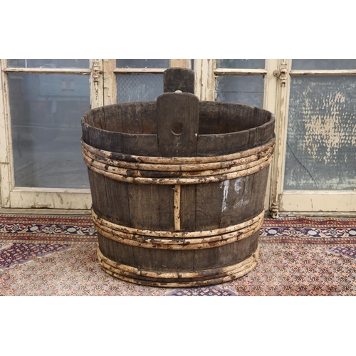 87 - Large antique French twin handled grape barrel, approx 65cm H (excluding handles) x 80cm W x 66cm D