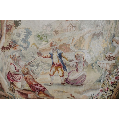 94 - Antique French handwoven pastoral landscape tapestry, children playing blind mans buff, relined, app... 