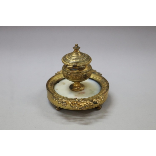 10 - Antique French Louis XVI style gilt single pot inkstand, central marble base, garlands of flowers & ... 