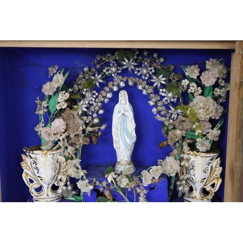 102 - Antique French Religious showcase, contents to include two marriages vases & figure of Mary, approx ... 