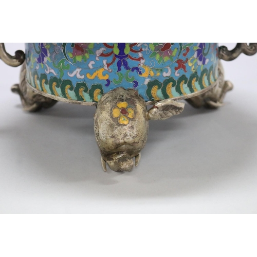 106 - Chinese cloisonne enamel lidded censer, standing on tri elephant head legs, dragon handles, white me... 