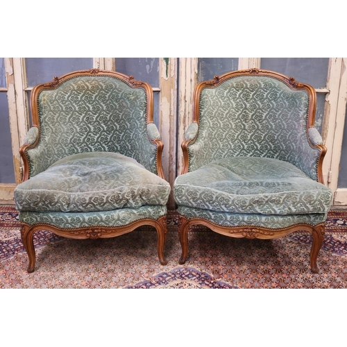 112 - Pair of antique French Louis XV style salon armchairs, waisted shape backs, each approx 90cm H x 74c... 