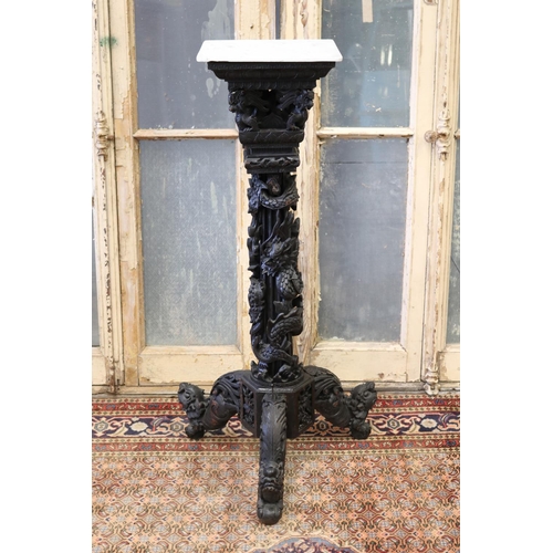 113 - Oriental export carved wood jardiniere stand, with white marble top, approx 103cm H x 52cm W x 46cm ... 