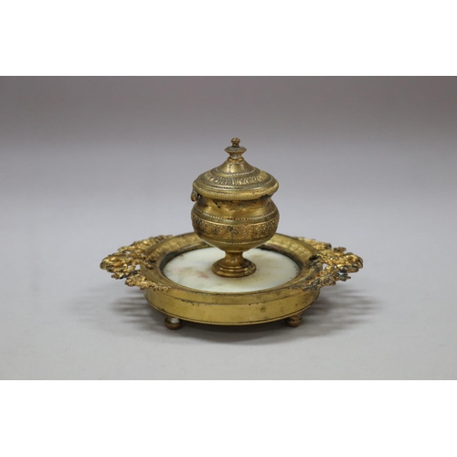 10 - Antique French Louis XVI style gilt single pot inkstand, central marble base, garlands of flowers & ... 
