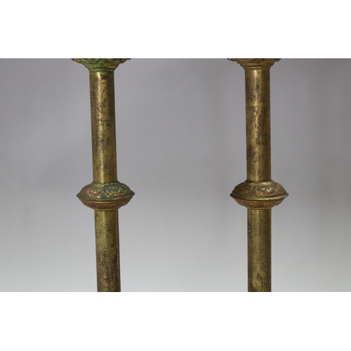 100 - Pair of antique French Gothic style gilt prickets, each approx 46cm H (2)