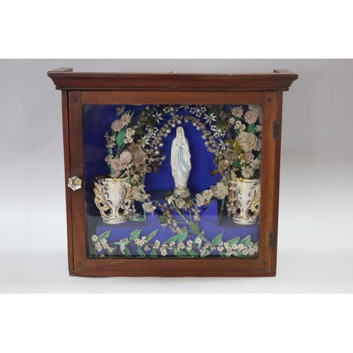 102 - Antique French Religious showcase, contents to include two marriages vases & figure of Mary, approx ... 
