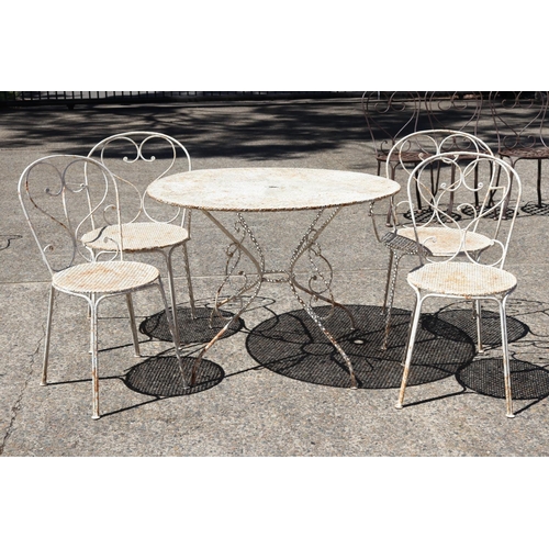 108 - Old French painted wrought iron garden table with four chairs, table approx 71cm H x 98cm dia (5)