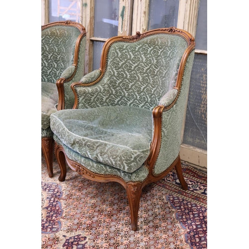 112 - Pair of antique French Louis XV style salon armchairs, waisted shape backs, each approx 90cm H x 74c... 