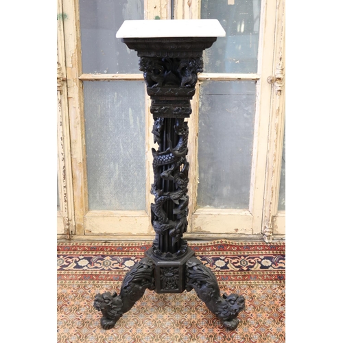 113 - Oriental export carved wood jardiniere stand, with white marble top, approx 103cm H x 52cm W x 46cm ... 