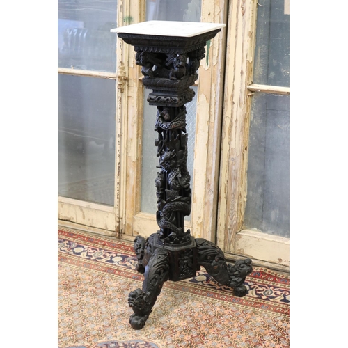 113 - Oriental export carved wood jardiniere stand, with white marble top, approx 103cm H x 52cm W x 46cm ... 