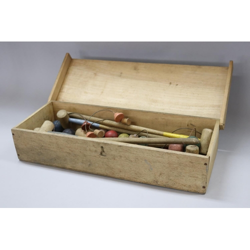 12 - Vintage French indoor croquet set, in wooden box, original paper label reads JEU DE CROQUET, box app... 