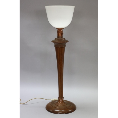120 - Vintage French copper & turned wood lamp with glass shade, approx 72cm H