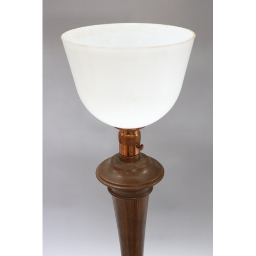 120 - Vintage French copper & turned wood lamp with glass shade, approx 72cm H