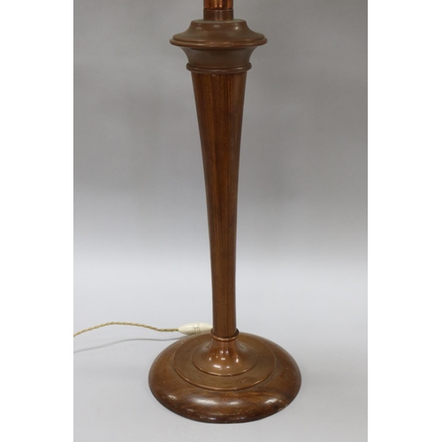 120 - Vintage French copper & turned wood lamp with glass shade, approx 72cm H