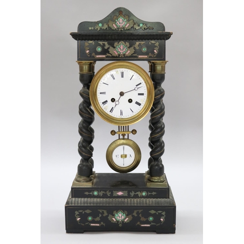 122 - Antique French Napoleon III ebonised portico mantle clock, with inlay decoration, in distressed cond... 