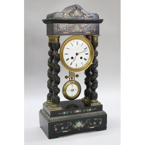 122 - Antique French Napoleon III ebonised portico mantle clock, with inlay decoration, in distressed cond... 