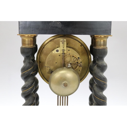 122 - Antique French Napoleon III ebonised portico mantle clock, with inlay decoration, in distressed cond... 