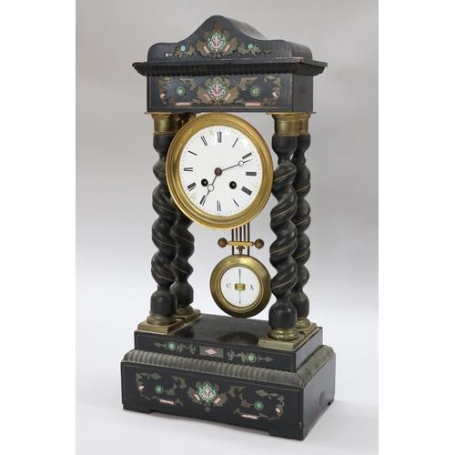 122 - Antique French Napoleon III ebonised portico mantle clock, with inlay decoration, in distressed cond... 