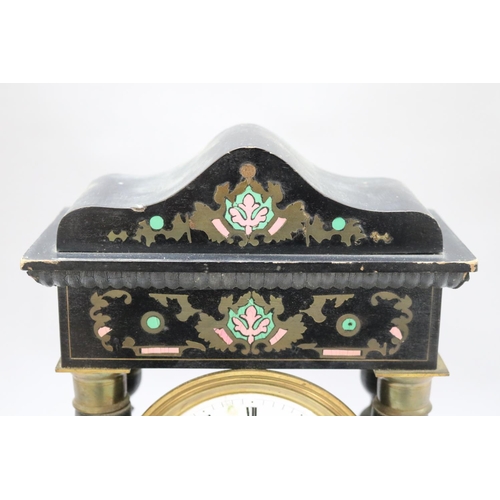 122 - Antique French Napoleon III ebonised portico mantle clock, with inlay decoration, in distressed cond... 