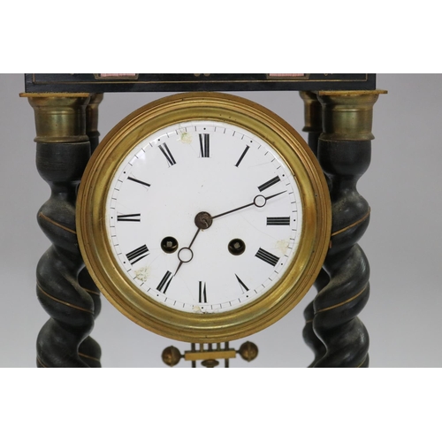 122 - Antique French Napoleon III ebonised portico mantle clock, with inlay decoration, in distressed cond... 