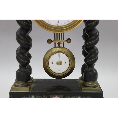 122 - Antique French Napoleon III ebonised portico mantle clock, with inlay decoration, in distressed cond... 