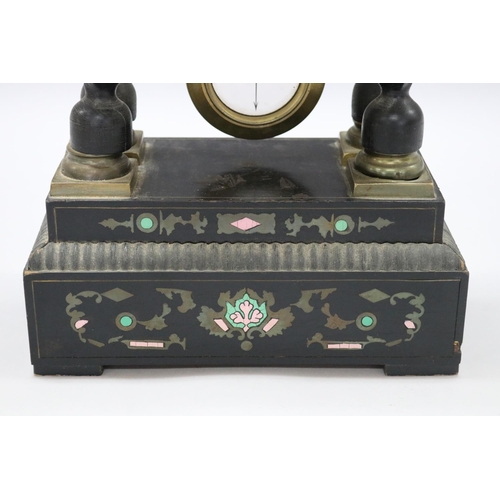 122 - Antique French Napoleon III ebonised portico mantle clock, with inlay decoration, in distressed cond... 