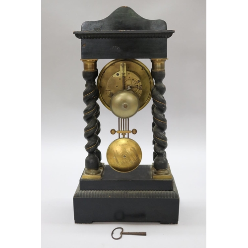 122 - Antique French Napoleon III ebonised portico mantle clock, with inlay decoration, in distressed cond... 