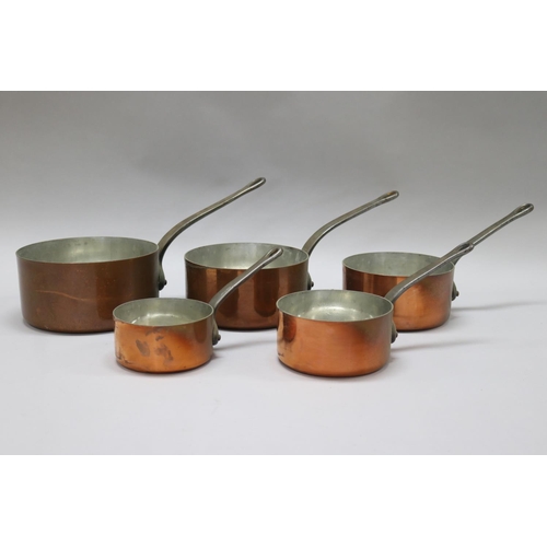 123 - Set of five French copper saucepans, approx 20.5cm dia (excluding handle) & smaller (5)