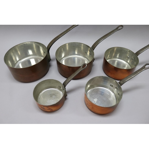 123 - Set of five French copper saucepans, approx 20.5cm dia (excluding handle) & smaller (5)