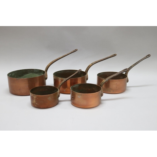 79 - Set of five French copper saucepans, approx 20cm dia (excluding handle) & smaller (5)