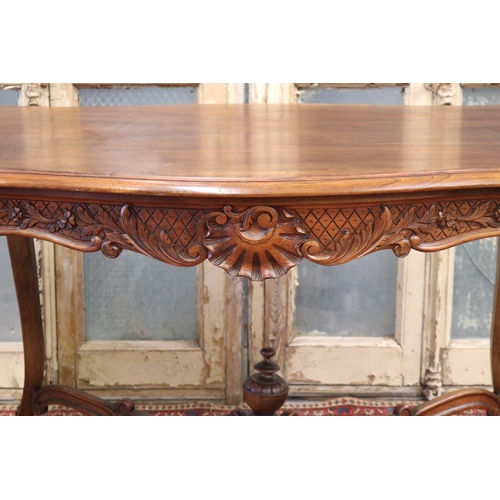 80 - Antique French Louis XV style centre table with X frame stretcher base, single drawer, carved apron ... 