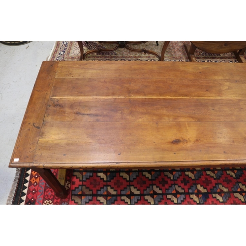107 - Antique French solid farm house table with stretcher base support, approx 78cm H x 215cm W x 80cm D