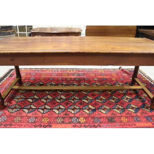 107 - Antique French solid farm house table with stretcher base support, approx 78cm H x 215cm W x 80cm D