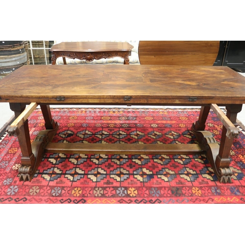 115 - Antique / vintage French oak unique dining table, double fold over leaf top, carved legs type suppor... 