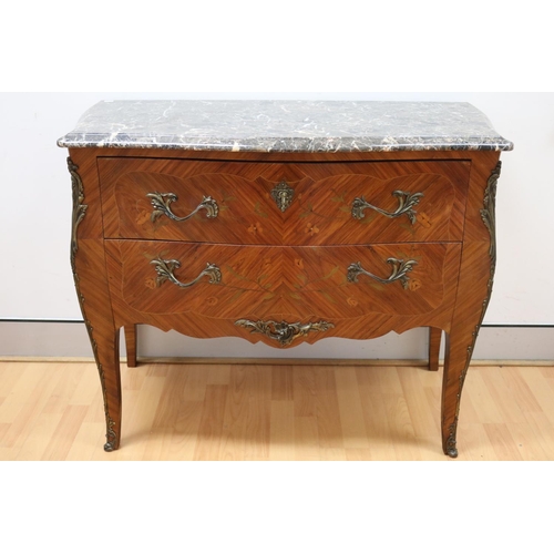 131 - Good quality vintage French Louis XV style marble top commode, two drawer with marquetry decoration,... 