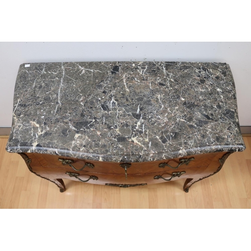 131 - Good quality vintage French Louis XV style marble top commode, two drawer with marquetry decoration,... 