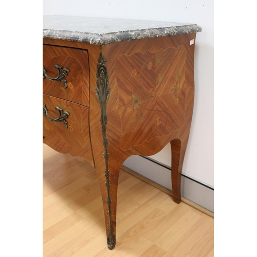 131 - Good quality vintage French Louis XV style marble top commode, two drawer with marquetry decoration,... 